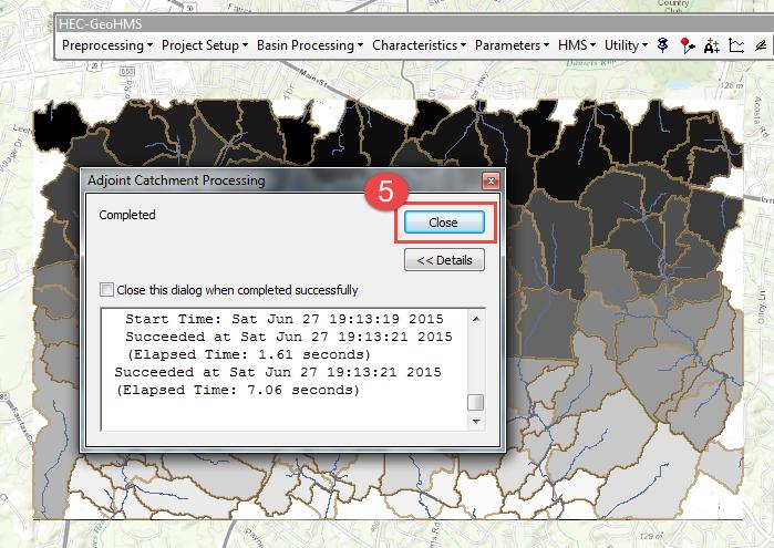 1. Select Adjoint Catchment Processing from the Preprocessing menu on the HEC-GeoHMS toolbar in ArcMap. 2. Confirm that the Input Drainage Line field was auto-filled with the new Drainage Line layer.
