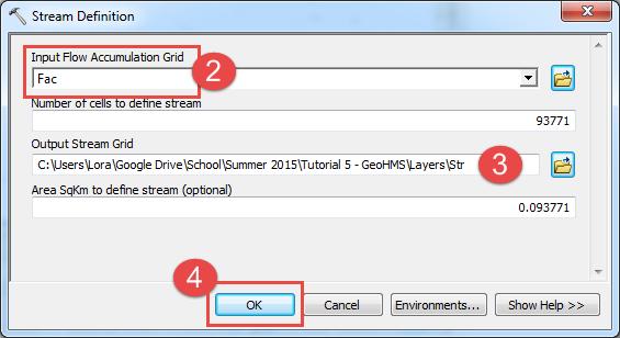 1. Select Stream Definition from the Preprocessing menu on the HEC- GeoHMS toolbar in ArcMap. 2.