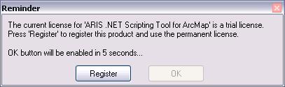 4 Registration 4.1 Trial license The distributed version of the ARIS.Net Scripting Tool for ArcMap is a full functional version with a trial license.