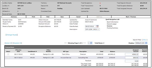 In this example, two invoices are displayed. 44100 and $4,046.10 matched the invoice ID and amount so it was selected in the lockbox matching process. The user applies $699.95 to invoice 44103.