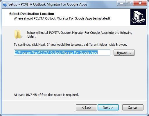 The software installer offers a default destination directory location where PCVITA Express migrator be installed. Accept it or define new location.