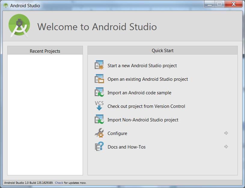 7. Wait for few seconds for the startup of Android Studio then you will see the following screen: Now Android Studio is installed on your machine and ready to be used for Android Development.