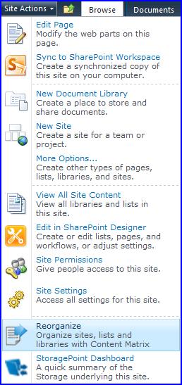 Reorganize Reorganize allows for the copy of content (Site Collections, Sites, Lists, Libraries or Folders) to other parts of the Shareoint farm.