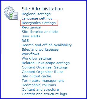 Site Settings, allows the availability of the Reorganize page to