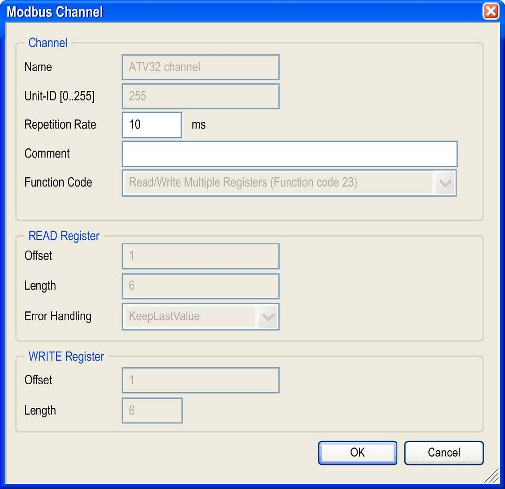 Configuration Edit the Modbus TCP Channel To edit Modbus channel parameters for a pre-defined slave, proceed as follows: Step Action 1 In the Devices tree, double-click the added slave node.