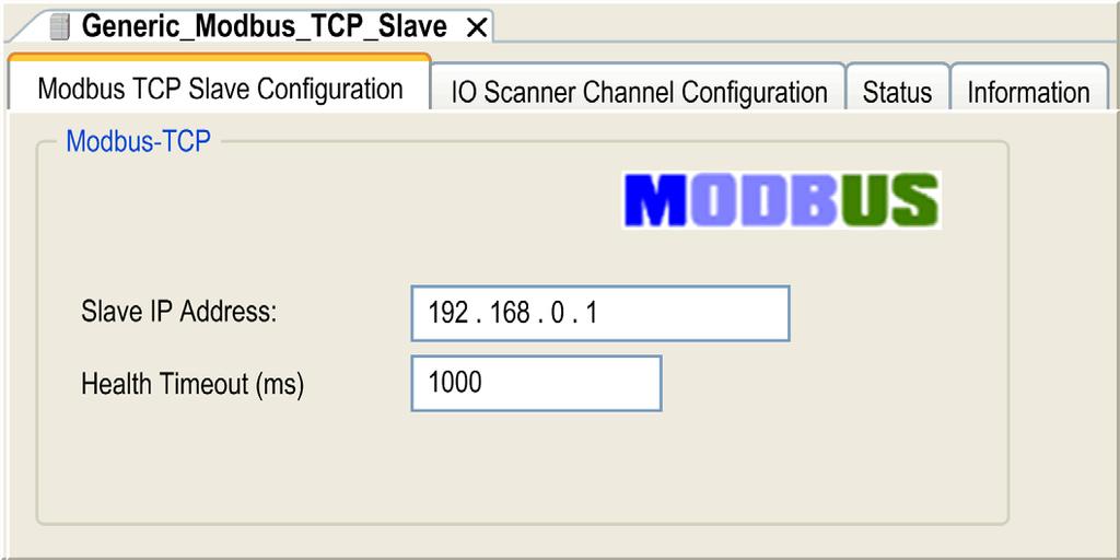 Configuration Configuring a Generic Device on the Modbus TCP IOScanner Overview To configure a generic device added on the Modbus TCP IOScanner, complete the parameters in these two tabs: Modbus TCP