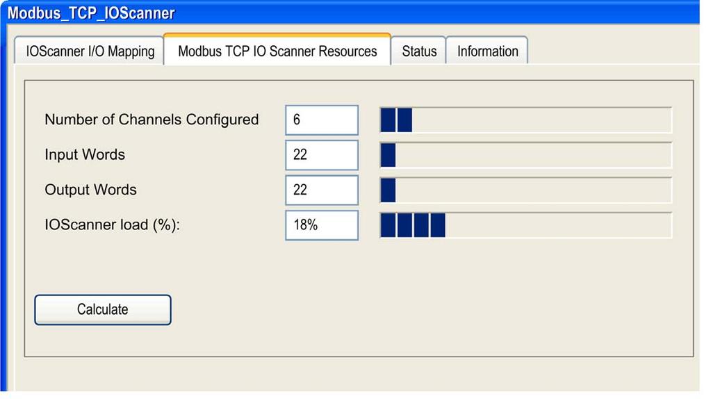 Operation Modbus TCP IOScanner Resource Verification Purpose The Modbus TCP IO Scanner Resources tab allows estimating the load on the Modbus TCP IOScanner functionality.