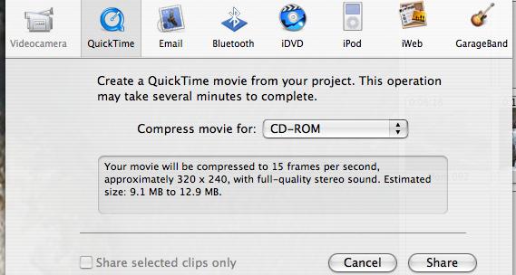 Exporting to Mini DV tapes Continued from page 31 4. Select Share > Video Camera. imovie considers any export to tape as exporting to a video camera. 5.