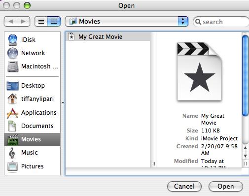 Opening an Existing Project If you have an existing imovie file that you would like to use or continue editing, follow these steps to open your existing project: 1. Open imovie.