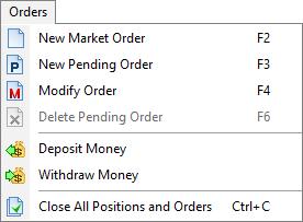 6. Close all positions and orders (Ctrl+C) closes all opened market and pending orders from Open Positions or Pending Orders tabs. 7. Delete pending order deletes a pending order (F6).