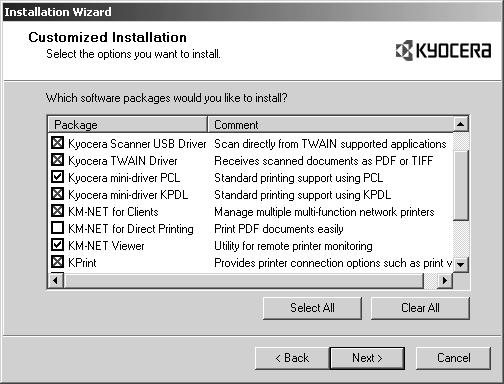 3. Select the software packages you wish to install, and clear the ones you do not want installed. 4. Click Next. 5.