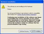 The Hardware Installation dialog box appears and the Hardware Installation warning message