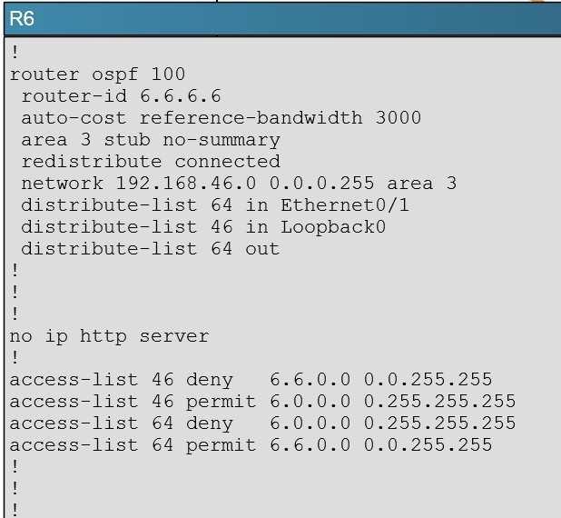 However, no packets will match the 6.6.0.0 in this access list because the first line blocks all 6.0.0.0 networks, and since the 6.6.0.0 networks will also match the first line of this ACL, these OSPF networks will not be advertised because they are first denied in the first line of the ACL.