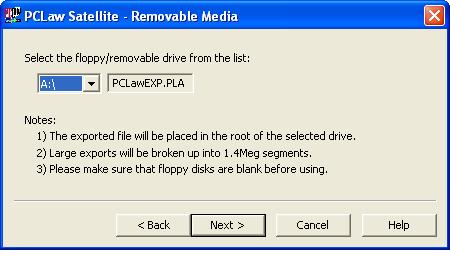 The Removable Media window appears: 4. Select the floppy or removable drive from the drop down list. The file name defaults to PCLawEXP.PLA. 5. Click Next. A Progress window appears.