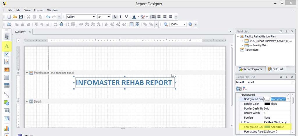 In the Tool Box on the left, drag Label into Page Header Band and type in INFOMASTER REHAB REPORT. Resize the label by dragging the edge of the label.
