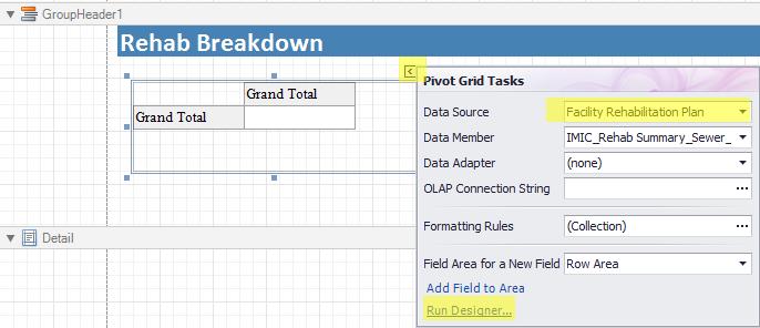 ADDING A SUMMARY TABLE OF REHAB ACTIONS VS PIPE COUNT, PIPE LENGTH 7. In Tool Box, drag Pivot Grid into your GroupHeader1. Adjust the size and click on the arrow on top.