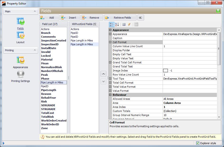 The Pivot Grid Designer allows users to choose from all the field types within the.json file and create pivot tables from them. Existing fields in Rehab Summary are listed under Field List.