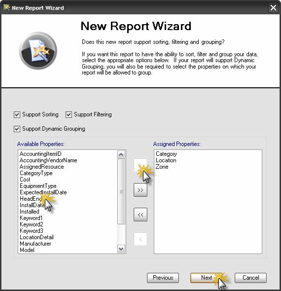 532 Reporting Center Next, choose whether the report will support sorting, filtering, and dynamic grouping.