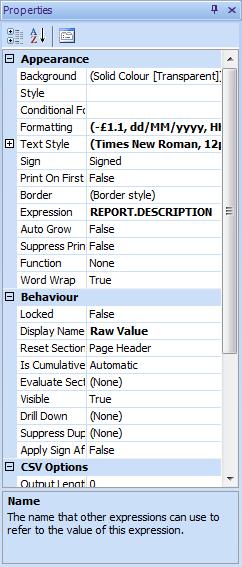 2 Getting started Panes Properties To display this pane, choose View > Properties. The Properties pane lists all the properties you can change for items and sections in a report.