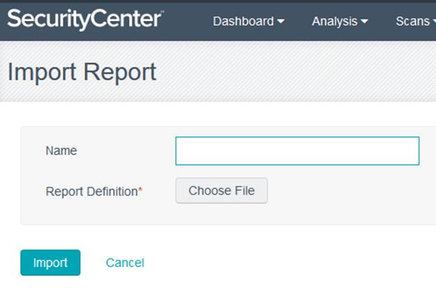 The Import Report option allows users to import a report definition exported from another SecurityCenter.