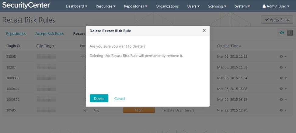 To view the rule details, click Detail to view the highlighted Recast Risk Rule. To remove the rule, click Delete.