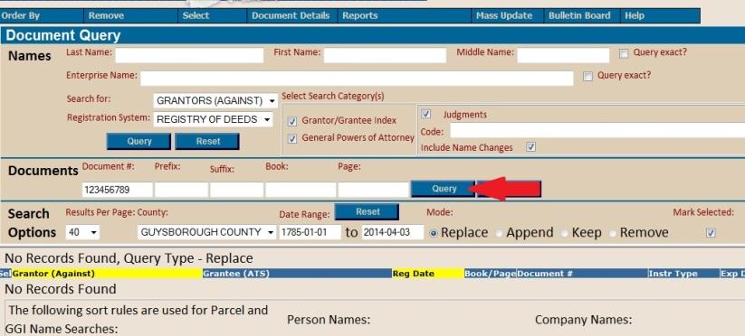 To search by Name: In the Names section of the Document Query screen enter a combination or first, middle and last names or an enterprise name.