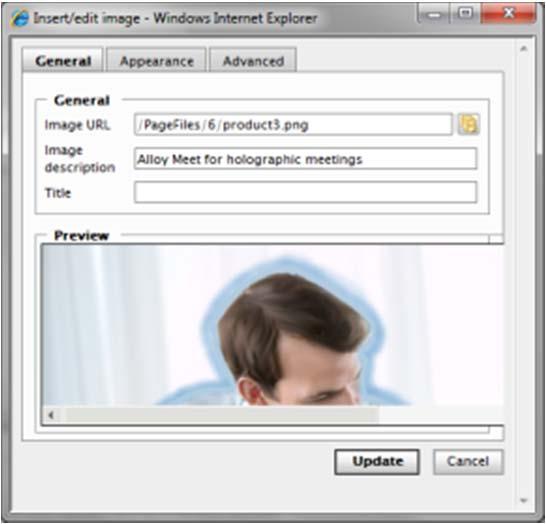 Selecting the Image through the Editor Toolbar Insert an image into a page as follows: 1. Place the cursor in the editor area of your page where you want to insert your image. 2.