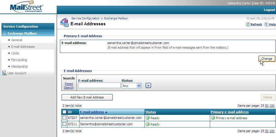 MailStreet End-User Control Panel / Adding Email Alias Addresses Page 10 of 11 The primary email address is identified at the top of this E-mail Addresses screen and also identified as the primary