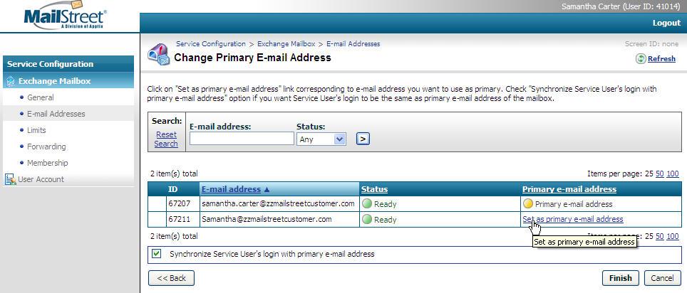 Click on the desired email alias Set as primary e-mail address link to designate the email address as the new primary email address for this mailbox.