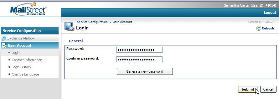 1) Log into the Control Panel, and access User Account Login from the left-side navigation or main menu links: 2) The current user credentials are displayed.