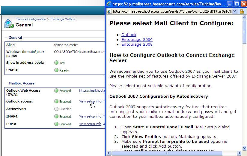 The following end-user mailbox information is displayed: 2) From within the Mailbox Access section, click the View setup info links to see configuration instructions
