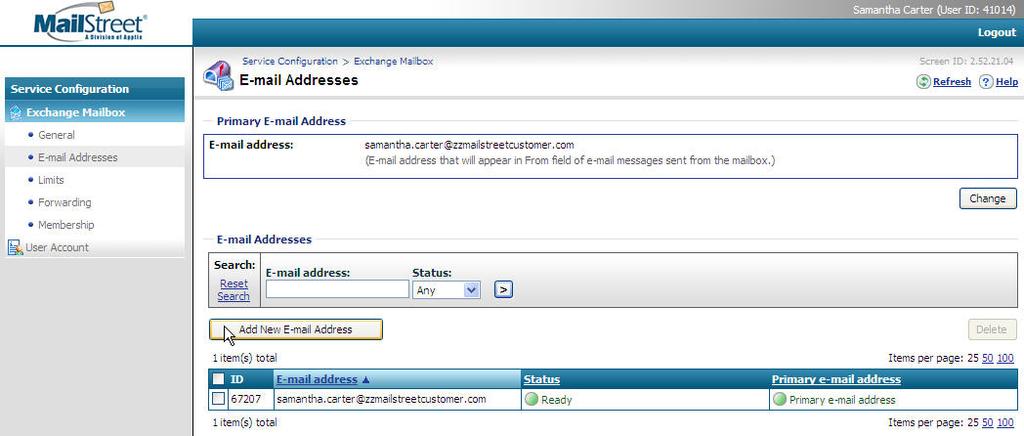 MailStreet End-User Control Panel / Adding Email Alias Addresses Page 9 of 11 Adding Email Alias Addresses 1) Log into the Control Panel, and access Exchange Mailbox E-mail Addresses from the