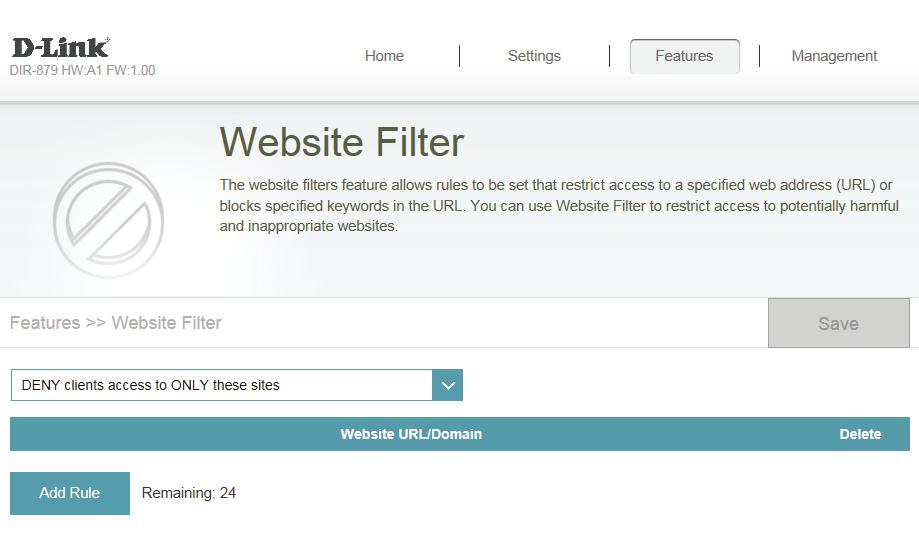 Section 4 - Configuration - Router Mode Website Filter The website filter settings allow you to block access to certain web sites.