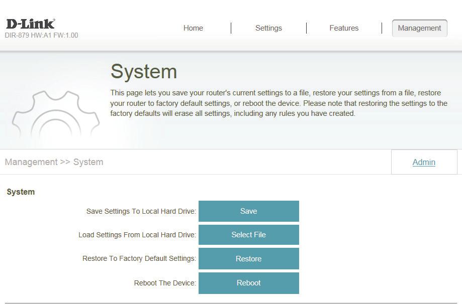 Section 4 - Configuration - Router Mode System System This page allows you to save the router s current configuration, load a previously saved configuration, reset the router to its factory default