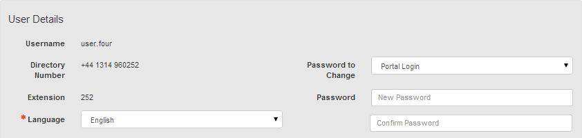 9.1. Resetting Passwords You can reset your password for your Voicemail (Numbers Only), Applications and Portal Login by selecting the drop down list Password to Change option under User Details.