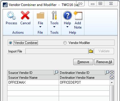 3. Vendor Modifier Application: Purchasing> Utilities> Vendor Combiner and Modifier Choose Vendor Combiner to merge a Vendor ID and all history for that Vendor with another Vendor.