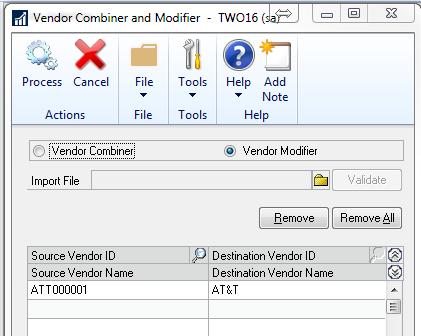 WARNING: choosing Combine is non reversible, you should back up before using this feature. Choose Vendor Modifier to change a Vendor ID to a new Vendor ID that never existed in the system before.