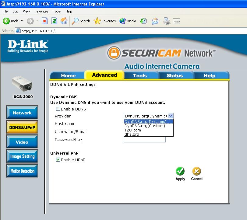 41 Using the DCS-2000 with an Internet browser (continued) Configuration > Advanced > DDNS & UPnP Click the DDNS & UPnP button from the Configuration screen to access DDNS & UPnP settings.
