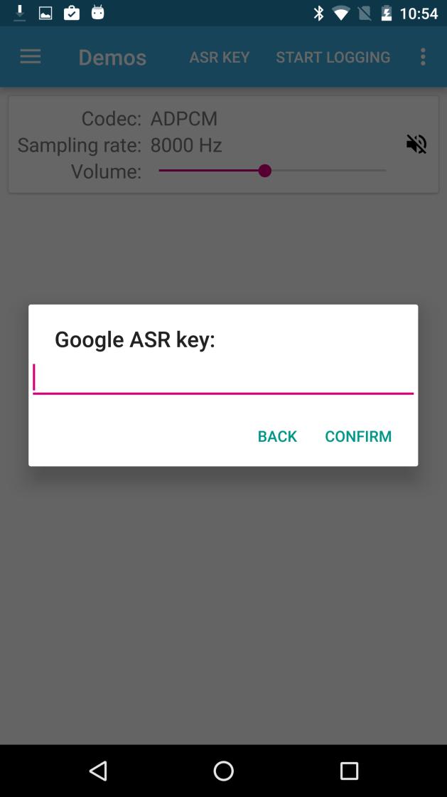 BLUEVOICELINK1 Android /ios demo setup After pressing this button, a popup window prompts the insertion of a valid API key,