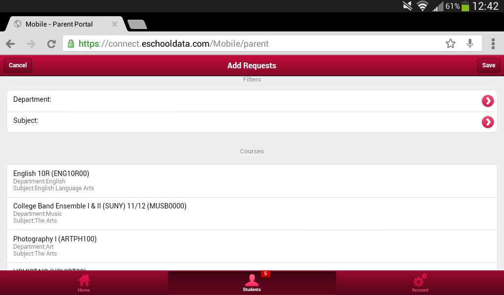 On the Add Requests screen, all available courses are displayed in the Courses section.