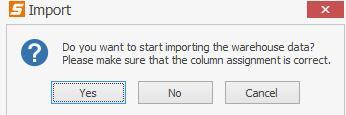 When all the data have been selected and sorted, click on OK. Fig. 57 Confirming the import To continue the import: click on Yes. To cancel the import: click on No or Cancel. Fig. 58 Stock data import successful Click on OK.