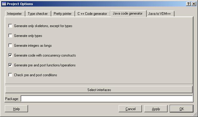 Figure 5: Options for Java Code Generation and values will not be generated). Default: off.