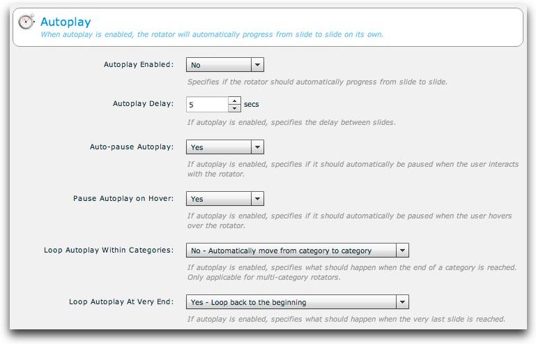 These options allow you to configure the rotator to progress automatically from slide to slide on its own. This feature is great for helping attract attention on your page.