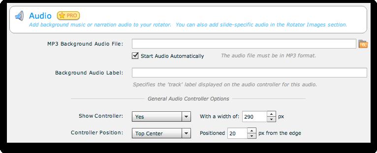 Using the Audio Controller Options, you can configure whether you want to display the audio controller, and if so, where it should go and how it should look.