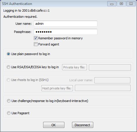 Input the user credentials configured (username admin and password classadm) and select the Use plain password to log in in the SSH Authentication dialogue box. Click OK to continue.