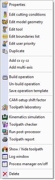 Operation tree RHM Editing cutting conditions Toolpath parameters Model geometry editing Change or edit model Editing tools Change or edit tools Editing boundaries Machining Boundaries Editing User
