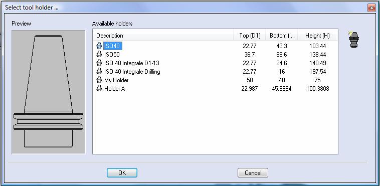 The system will now open a new dialog box and display all of the default holders Select the ISO 40 holder and select OK.