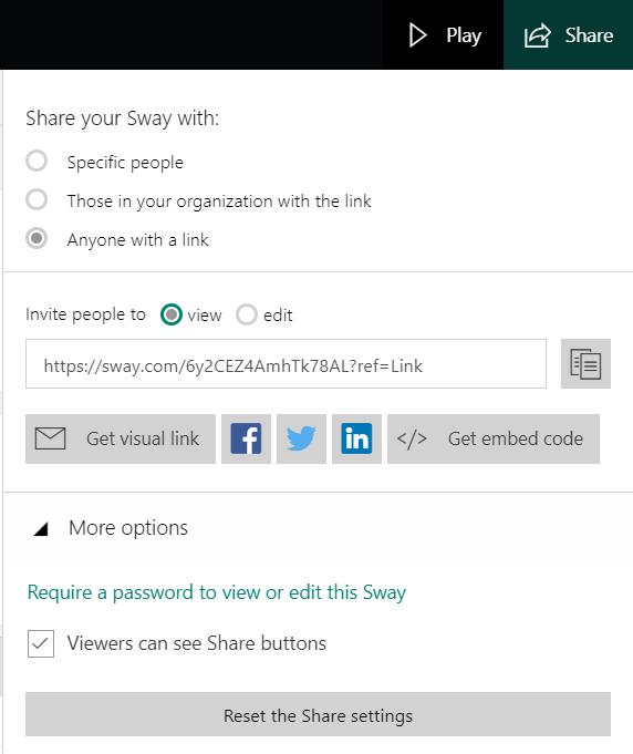 3) Sharing and Collaboration Sharing and collaboration is easy to set up using Microsoft Sway. There is an option to share with others by clicking the share button.