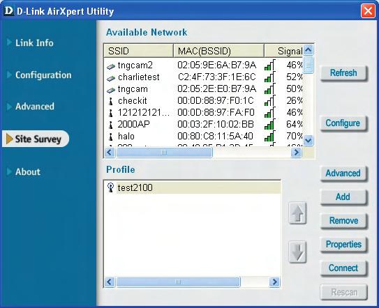 Using the Configuration Utility (continued) Available Network: The top section of the window displays the Available Networks.