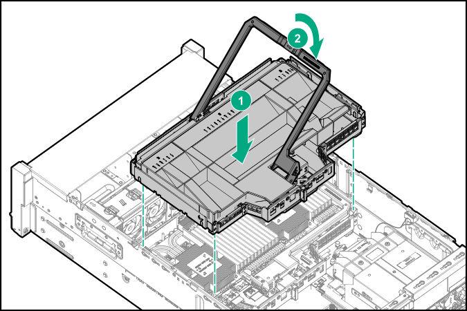 10. Install the air baffle (Installing the air baffle on page 38). CAUTION: To avoid damaging the connectors, always install the air baffle into the server before installing the riser cages. 11.